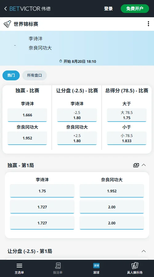 李诗沣vs奈良冈功大 - 羽毛球世锦赛男单16强赔率-伟德(betvictor)提供