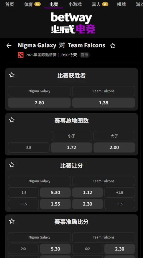 Nigma Galaxy对阵Falcons - DOTA2 TI15赔率盘口信息由必威(Betway)提供