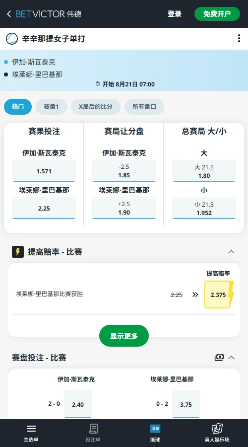 郑钦文vs西尼亚科娃 - 辛辛那提女单八强赔率信息伟德(BetVictor)提供
