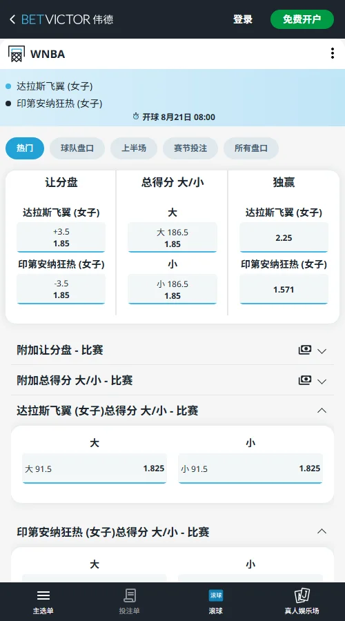 印第安纳狂热 vs 达拉斯飞翼-WNBA赔率和盘口信息-伟德(betvictor)提供