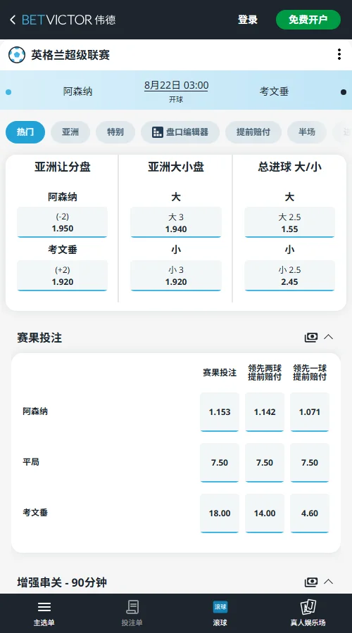 阿森纳vs考文垂，英超揭幕战赔率-伟德(BetVictor)提供