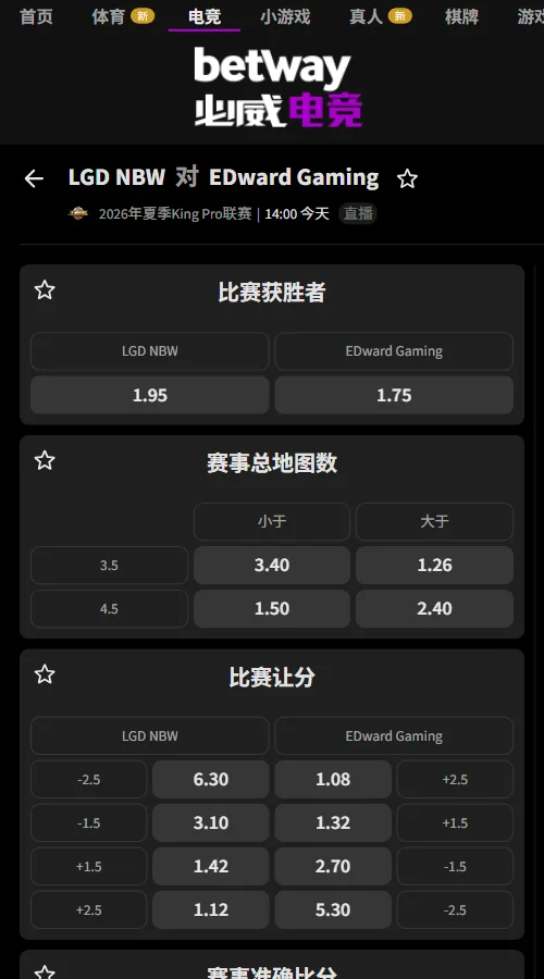杭州LGD vs 上海EDG.M - 2026王者荣耀KPL赔率必威(Betway)提供