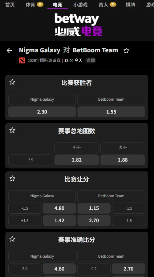 Nigma Galaxy vs BoomBoys - DOTA2 TI15赔率由必威(Betway)提供