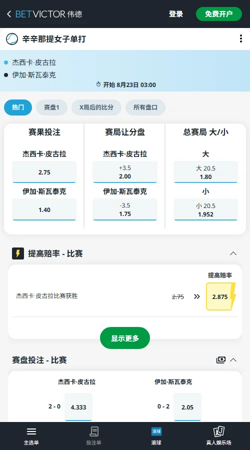 佩古拉 vs 斯瓦泰克- 辛辛那提女单赔率伟德(BetVictor)提供