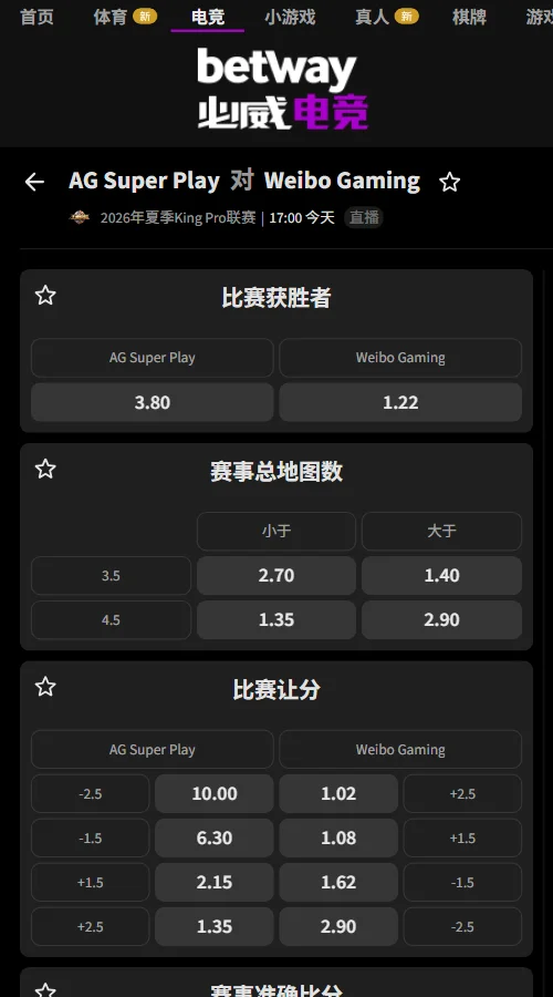 成都AG超玩会 vs 北京WB - 2026王者荣耀KPL夏季赛赔率盘口信息必威(Betway)提供