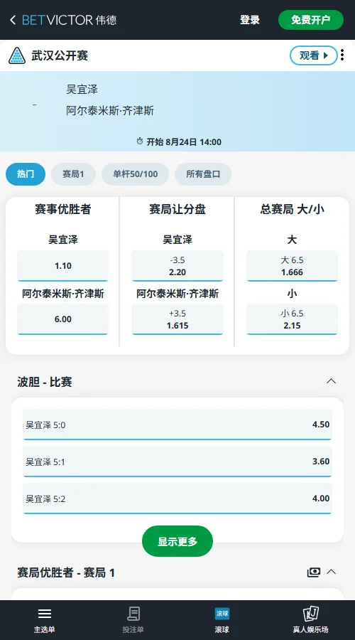 吴宜泽vs齐津斯-斯诺克武汉公开赛赔率-伟德(betvictor)提供