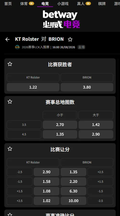 KT - BRO - 英雄联盟LCK赔率盘口(必威Betway)
