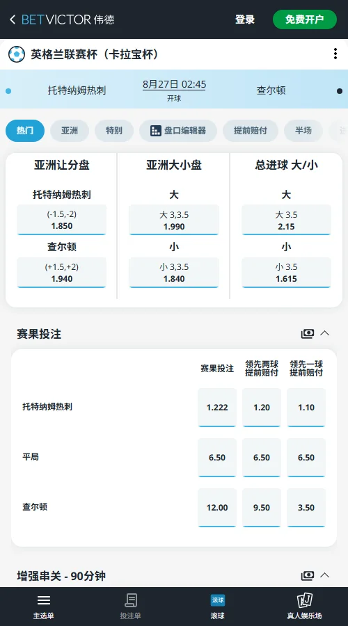 热刺vs查尔顿,英联杯赔率-伟德(BetVictor)提供