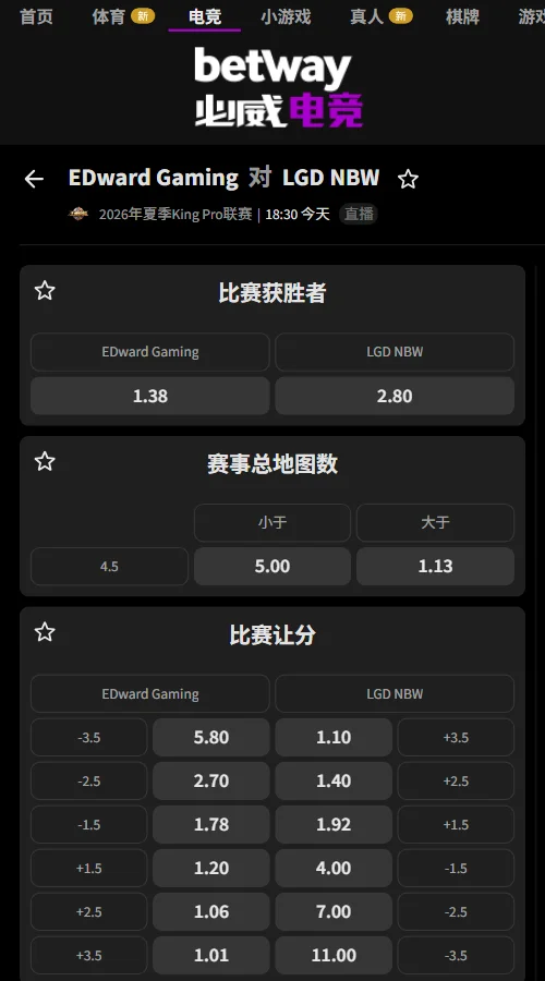 上海EDG.M vs 杭州LGD.NBW- 2026王者荣耀KPL赔率-必威(Betway)提供