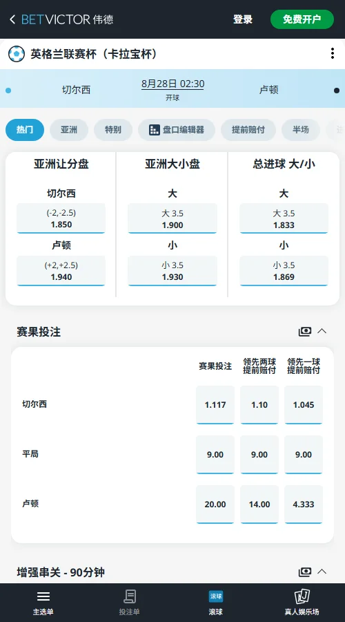 切尔西vs卢顿，英联杯赔率-伟德(BetVictor)提供