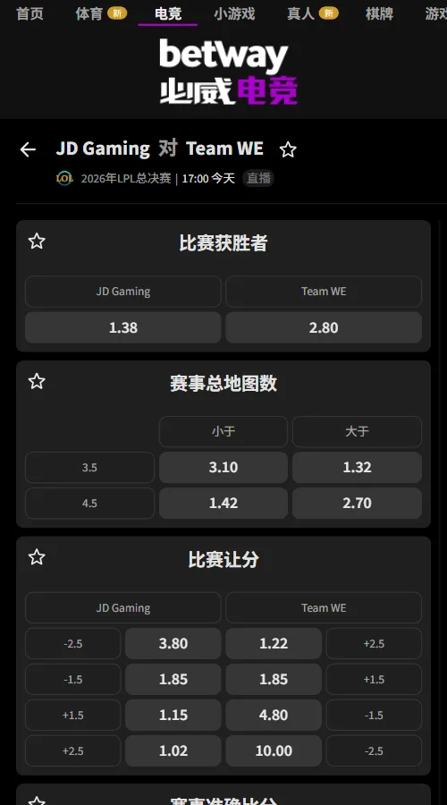 JDG vs WE - 英雄联盟LPL赔率盘口(必威Betway)