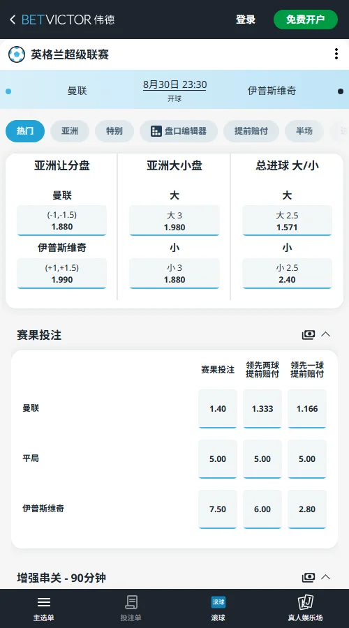 曼联vs伊普斯维奇,英超赔率-伟德(BetVictor)提供
