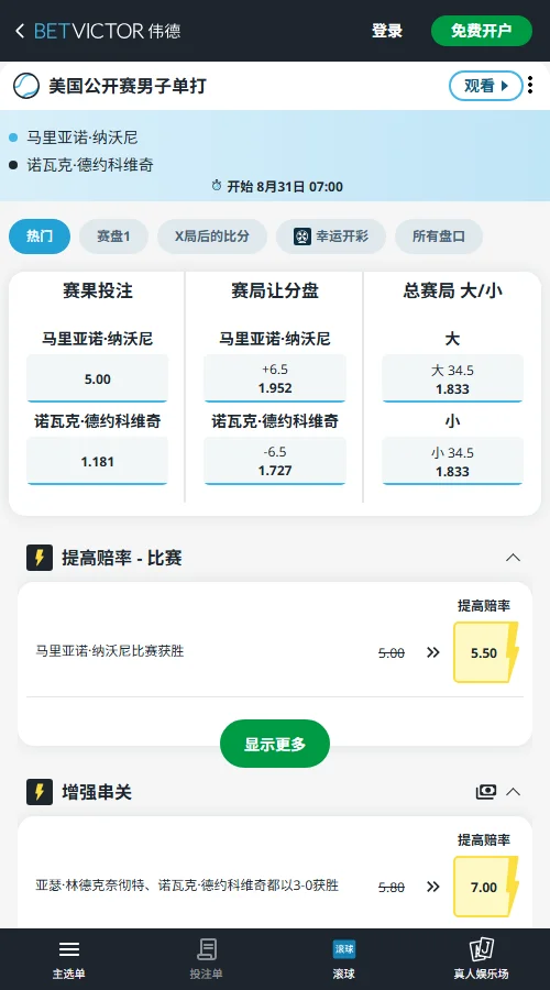 德约科维奇vs纳沃内 - 美网赔率信息伟德(BetVictor)提供