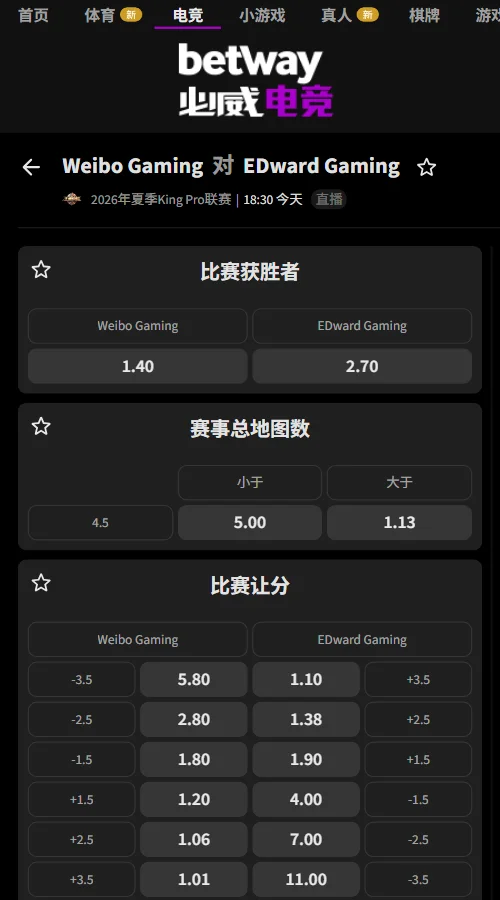 上海EDG.M vs 北京WB - 2026王者荣耀KPL夏季赛赔率盘口信息必威(Betway)提供