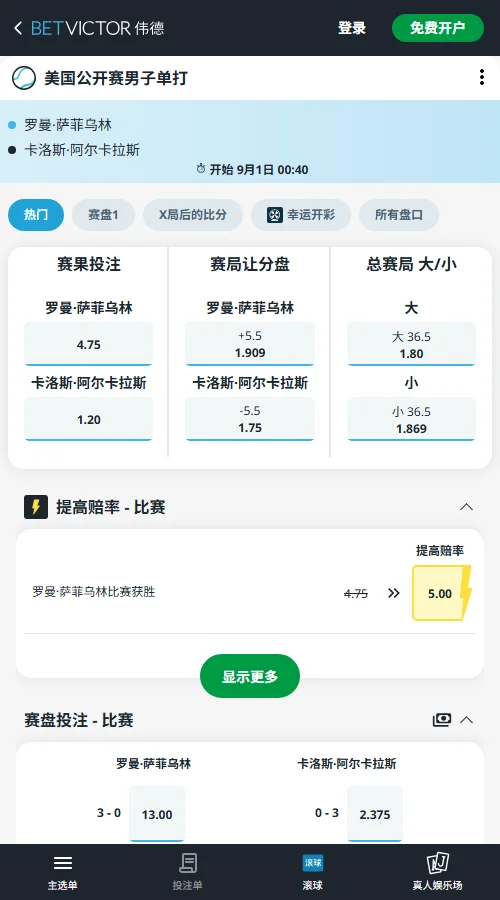 美网阿尔卡拉斯vs萨菲乌林 - 美网男单赔率信息伟德(BetVictor)提供