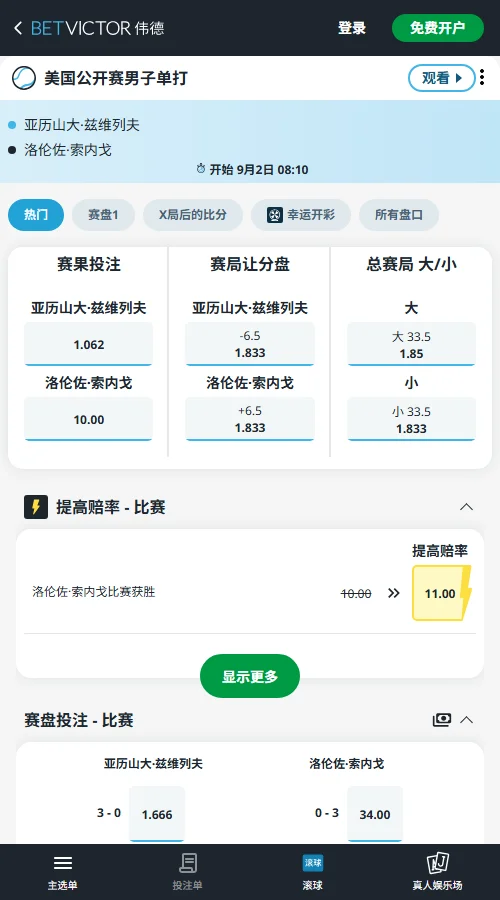 兹维列夫vs索内戈 - 美网男单赔率信息伟德(BetVictor)提供