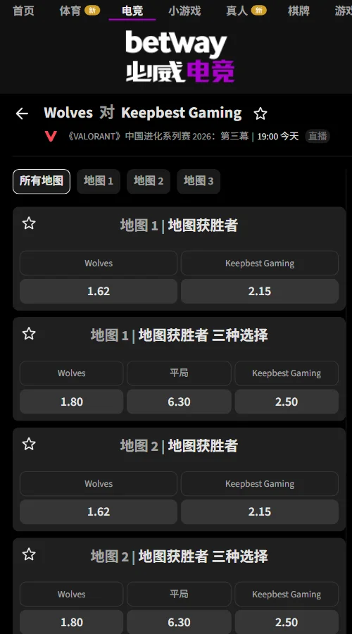 Wolves vs KBG - VCT CN进化者杯赔率信息必威(Betway)提供