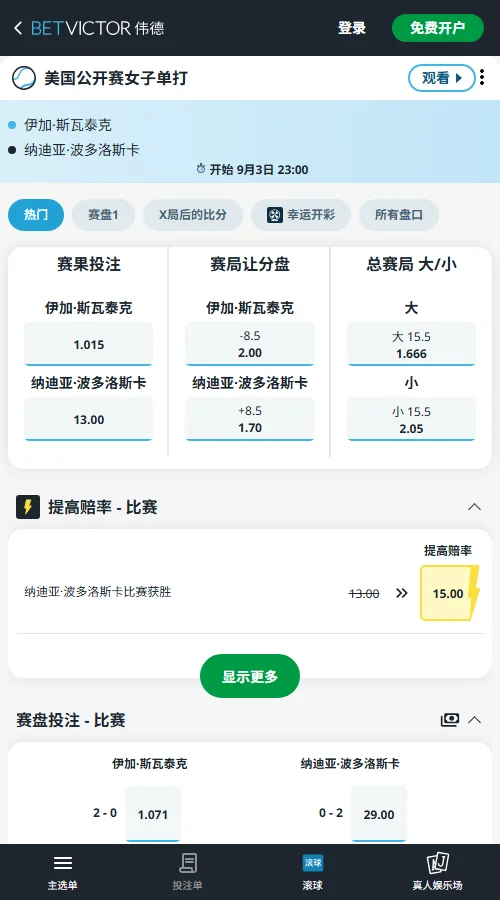 斯瓦泰克vs波多罗斯卡 - 美网女单赔率信息伟德(BetVictor)提供