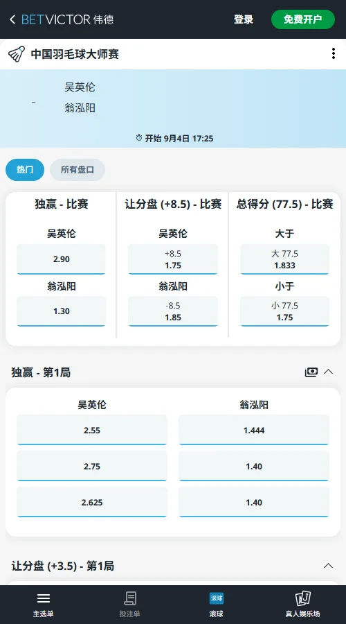 翁泓阳 vs 吴英伦,中国羽毛球大师赛赔率-伟德(BetVictor)提供