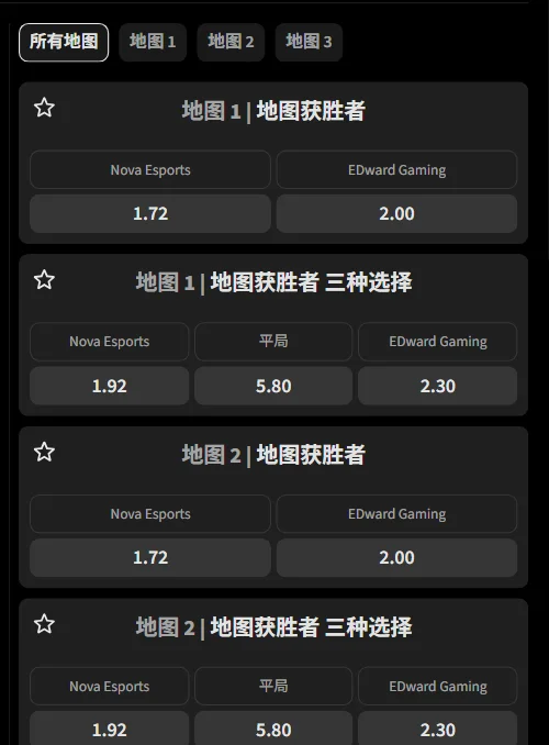 NOVA vs EDG - VCT CN进化者杯地图相关赔率(必威Betway)