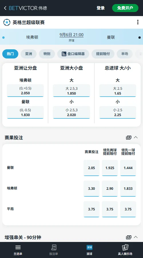 埃弗顿vs曼联,英超赔率-伟德(BetVictor)提供