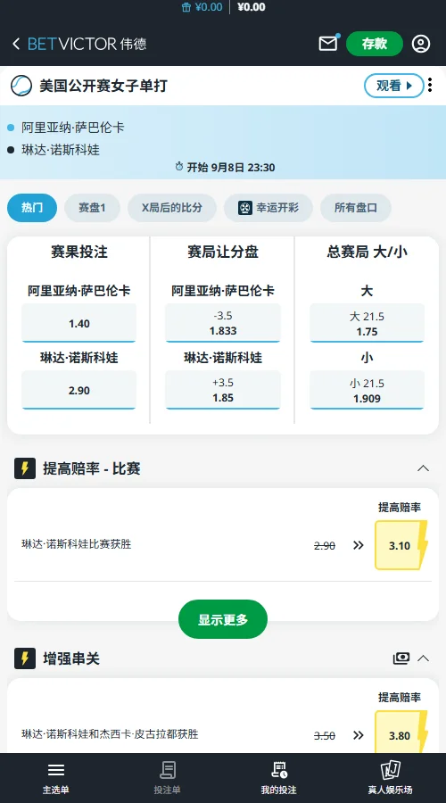 萨巴伦卡vs诺斯科娃 - 美网女单赔率信息(伟德BetVictor)